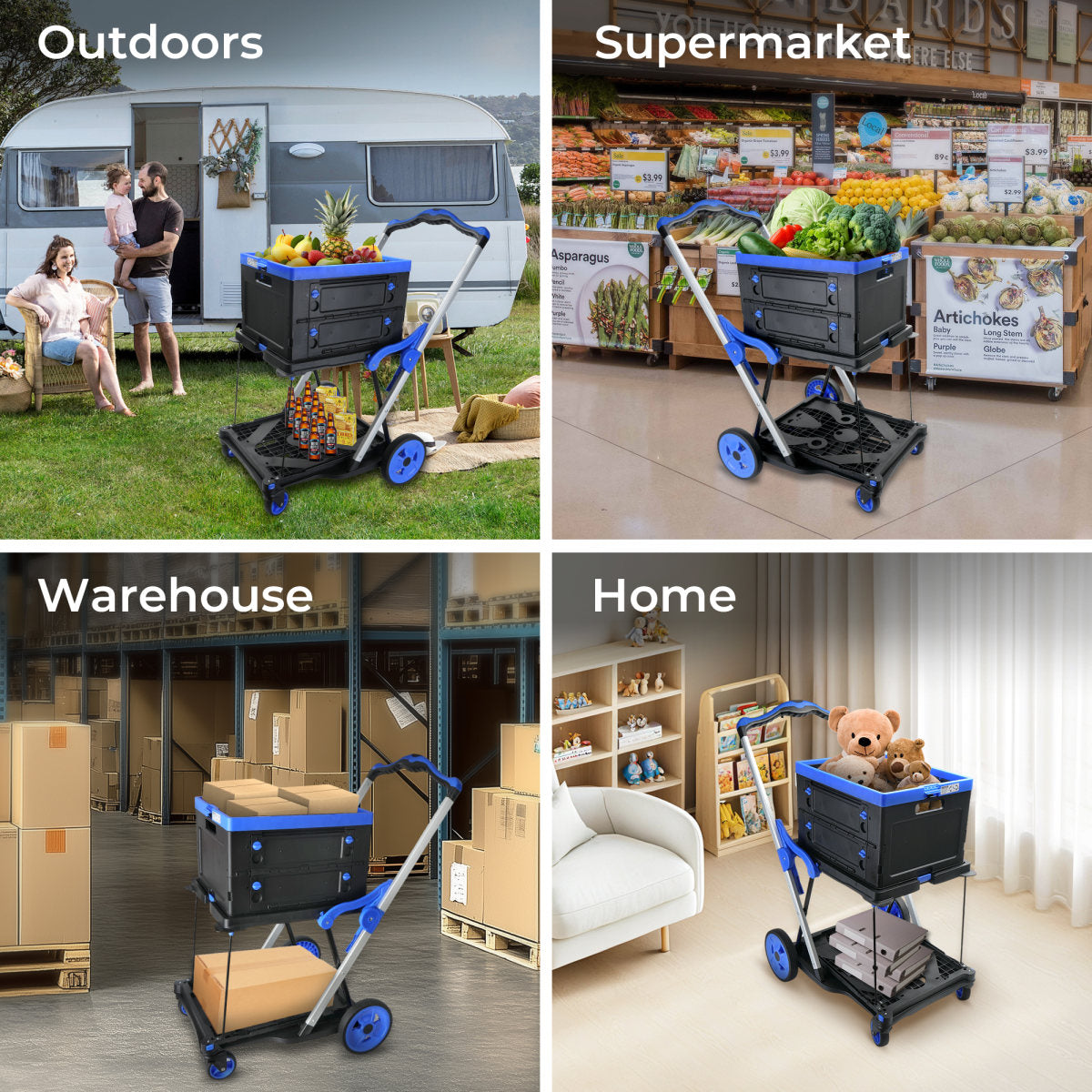 2-Tier Folding Cart  Multi Use Functional Collapsible carts  Shopping Trolley with Wheels  Shopping Cart with Storage Crate  Utility Cart for Groceries Warehouse Supermarket