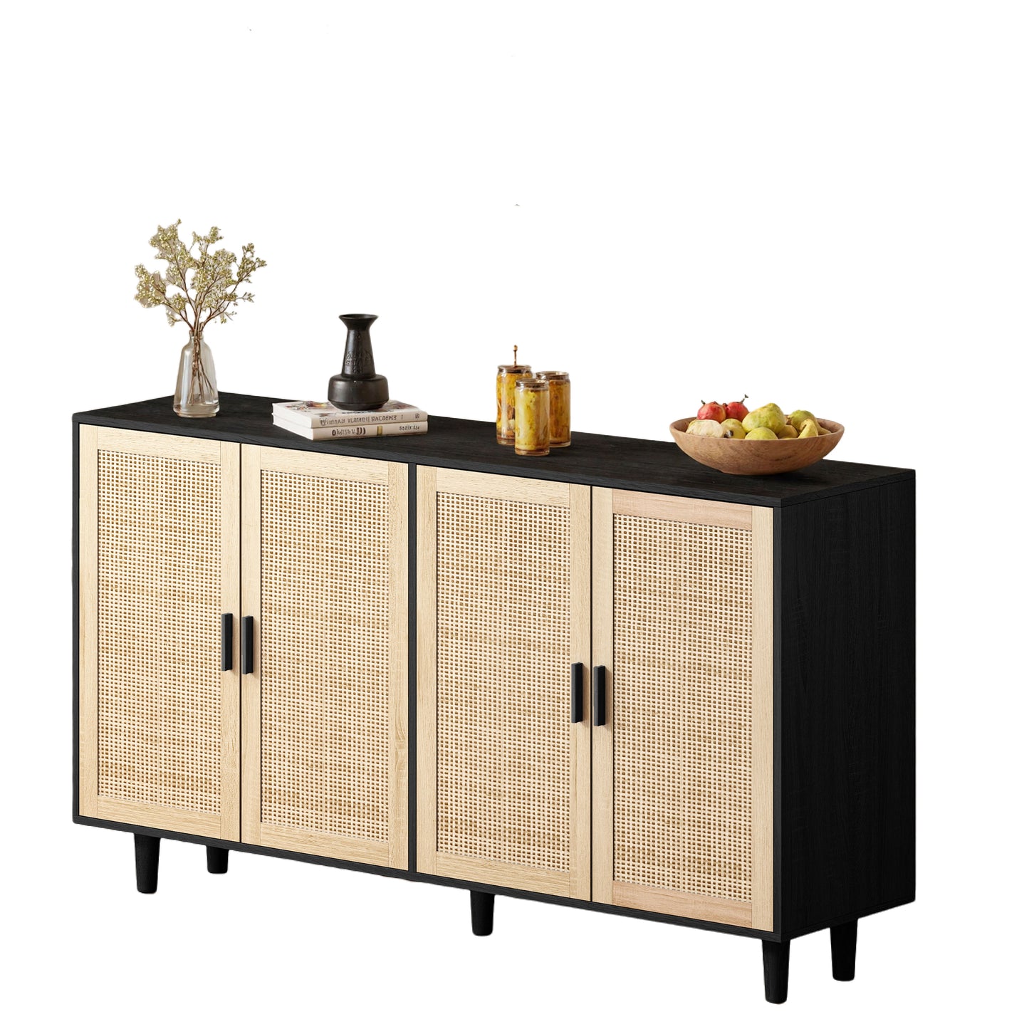 158CM Elegant And Functional 4-Door Rattan Decorative Storage Cabinet,for Bedroom,Living Room,Office,Black 158CM Elegant And Functional 4 Door Rattan Cabinet For Bedroom, Living Room, Office