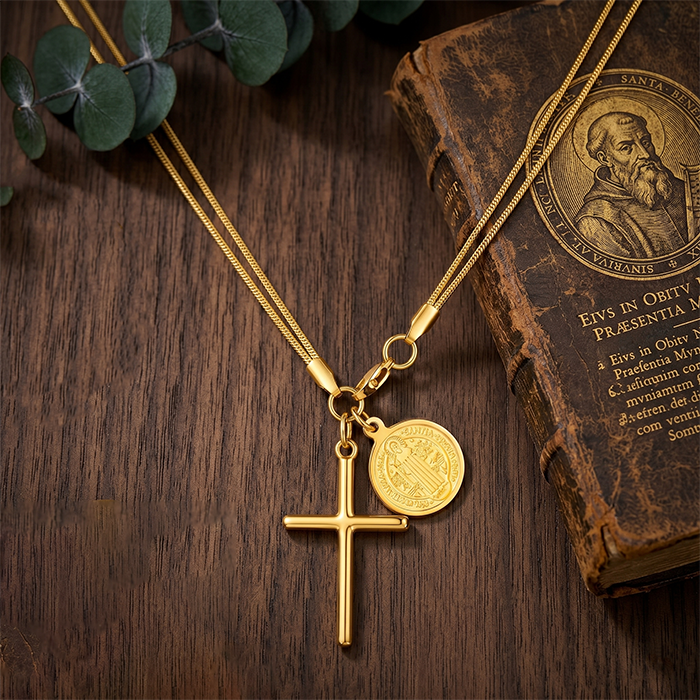 St Benedict Medal Cross Necklace For Women Men, 18K Gold Plated Stainless Steel Snake Chain, Religious San Benito Coin Protection Jewelry Gift