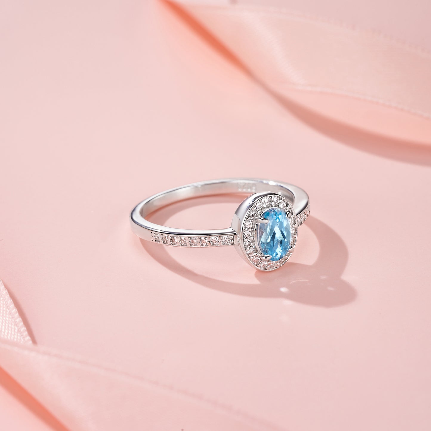 S925 Sterling Silver Platinum Plated Ring  Oval Cut Blue Topaz Halo Band 2g Dainty Promise Ring For Women Fashion Jewelry Gift Box Set