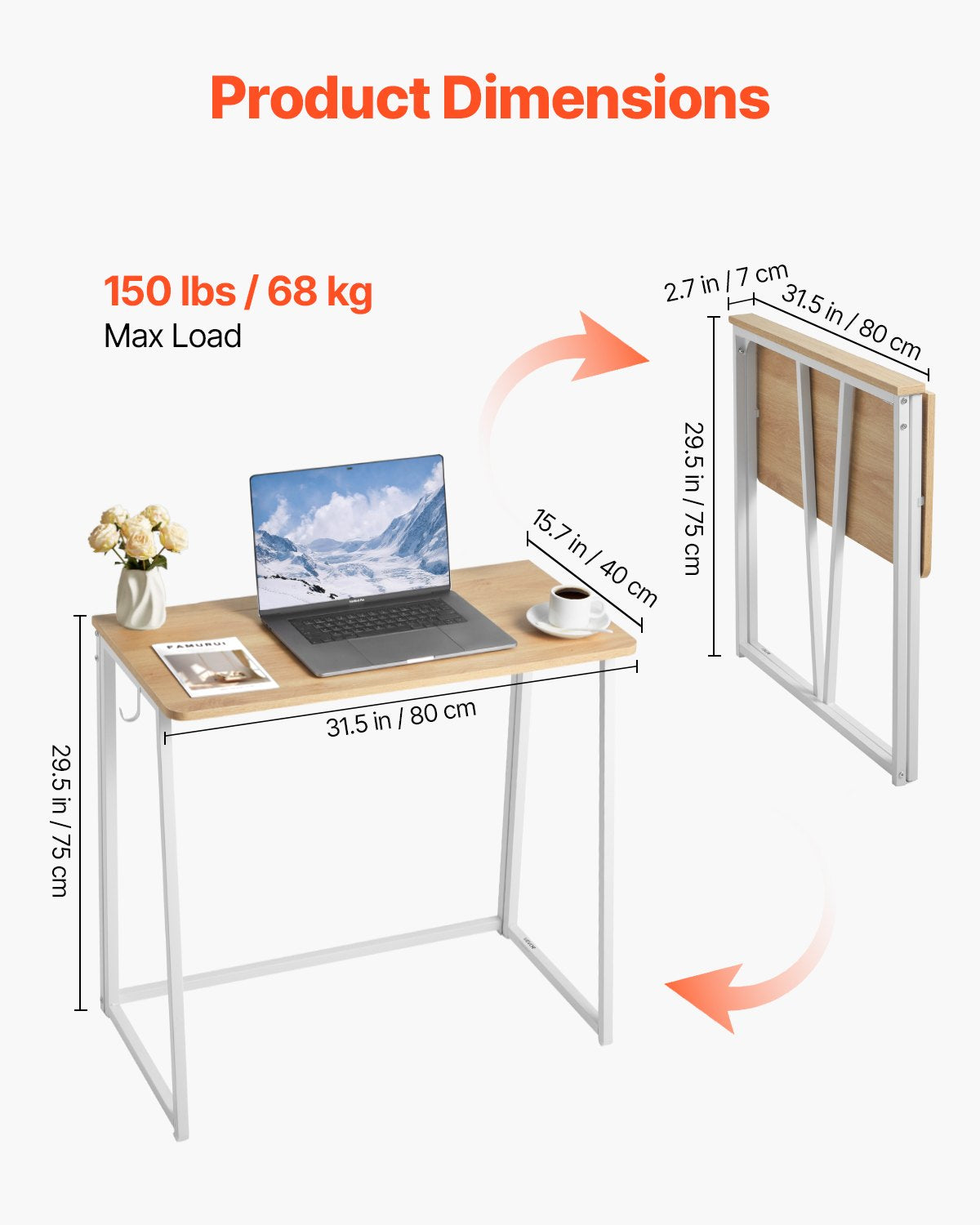 Folding Desk, 31.5" Foldable Table For Small Spaces With Storage Hooks, Space Saving Computer Table, Writing Workstation For Home Office, Easy Assembly, Oak