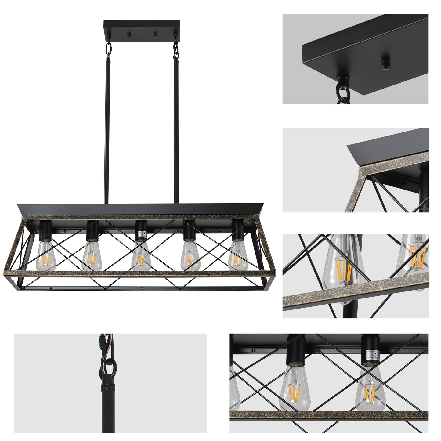 32in  Black Gold Industrial 5-Light Pendant Chandelier, Modern Metal Cage Design, Adjustable Hanging Light For Dining Room, Kitchen, Living Room  No Bulbs