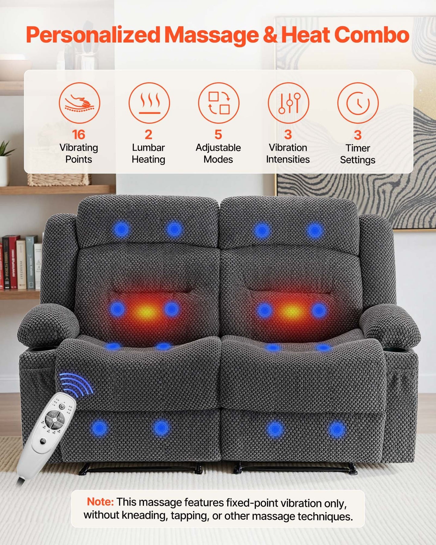 Loveseat Recliner Sofa, Manual Reclining Couch With Heating And Massage, Soft Corduroy Recliner Sofa With USB Ports, Cup Holders And Side Storage Bags, Dual Loveseat Chair For Living Room, Grey