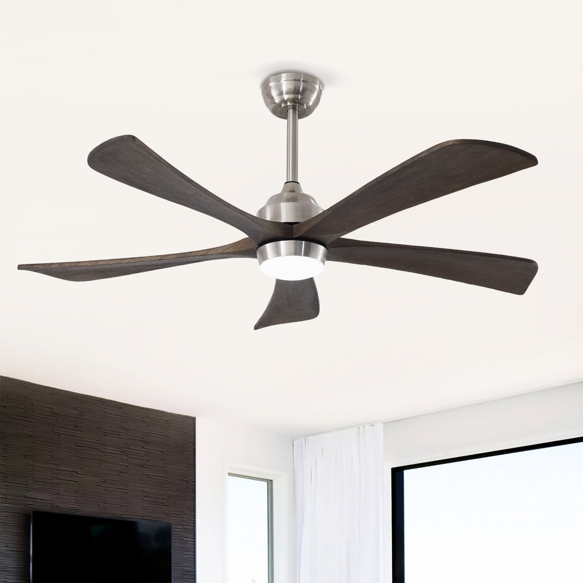52  5PCS Solid Wood Blades Ceiling Fan With Lights Remote Control,Quiet DC Motor 3 Blade Ceiling Fans 6 Speed Levels,Reversible Ceiling Fan,for Patio Living Room,Bedroom,Office,Indoor. Stain Nickel