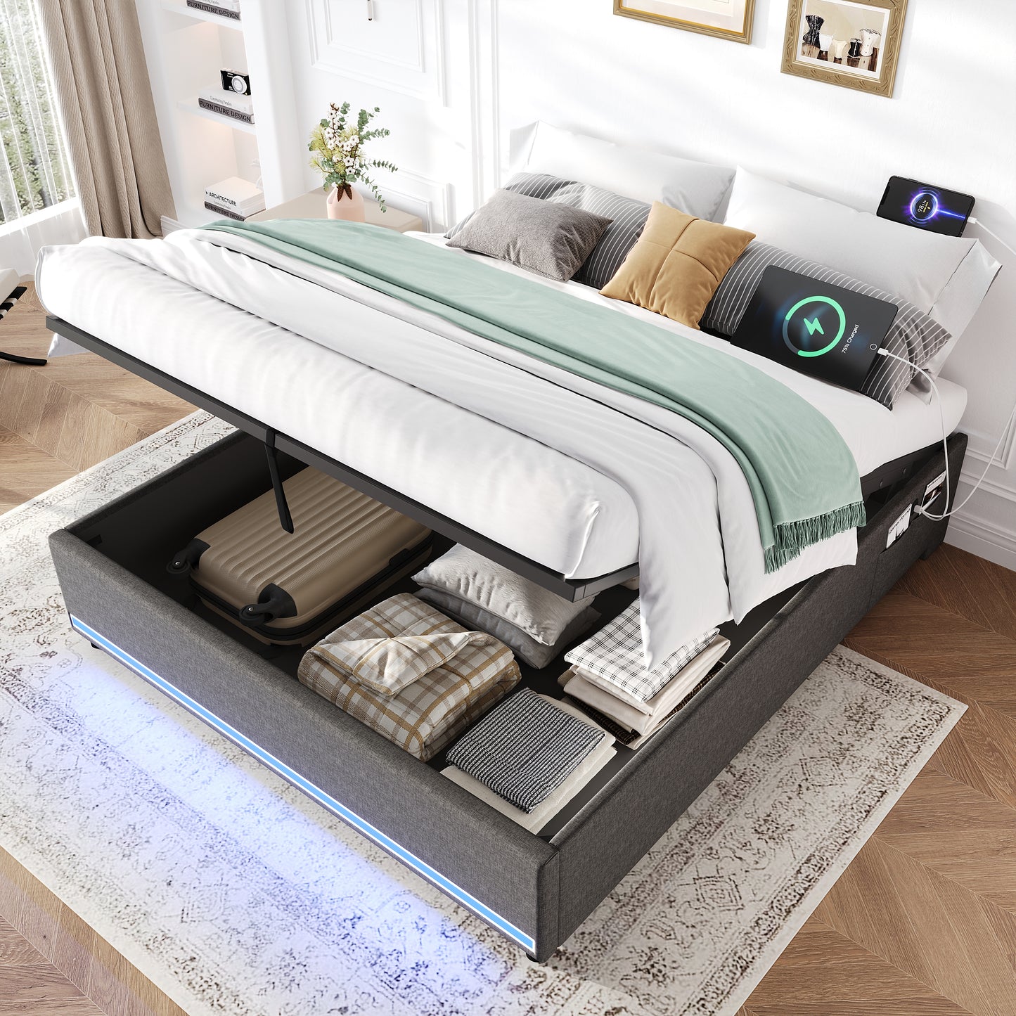 5ft King Hydraulic Storage Bed, No Headboard Linen Bed Frame With APP Control LED Lights, Side Charging Station, Side Pockets, Grey No Mattress