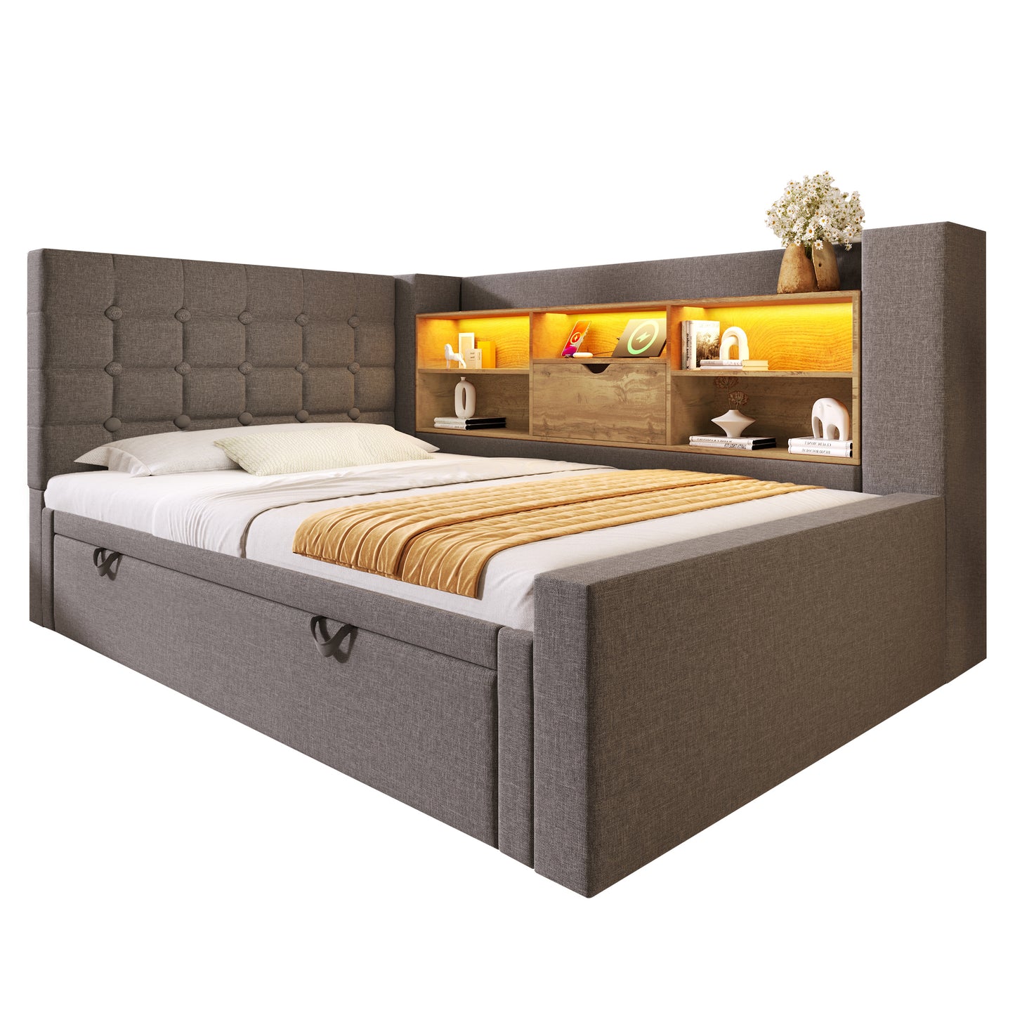 Upholstered Bed Bed 90x200 Cm With Pull-out Bed 90x190, And LED Lighting,Struraum Bed, L-shaped Headboard With Storage, Can Be Mounted On Both Sides, Slatted Base, Linen, Grey  Without Mattress
