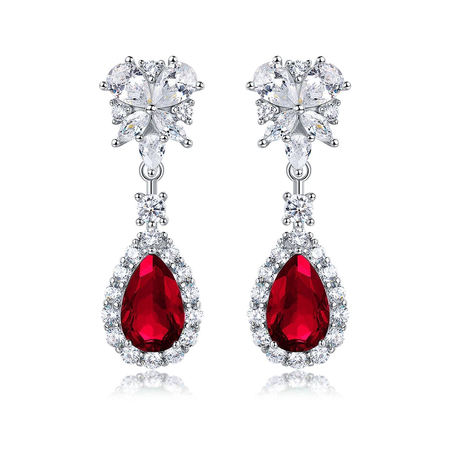 S925 Sterling Silver Teardrop Dangle Earrings, 7x11mm Lab-Grown Ruby Sapphire Emerald, Platinum Plated 4.5g Women's Jewelry Gift Box
