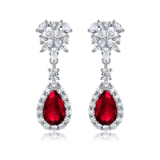 S925 Sterling Silver Teardrop Dangle Earrings, 7x11mm Lab-Grown Ruby Sapphire Emerald, Platinum Plated 4.5g Women's Jewelry Gift Box