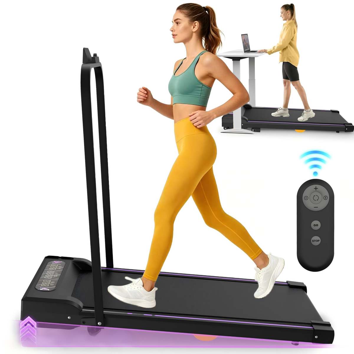 Under Desk Treadmill, Walking Pad, 2 In 1 Portable Treadmill With Handle Remote Control LED Display, Walking Jogging Machine For Home Office Use Black