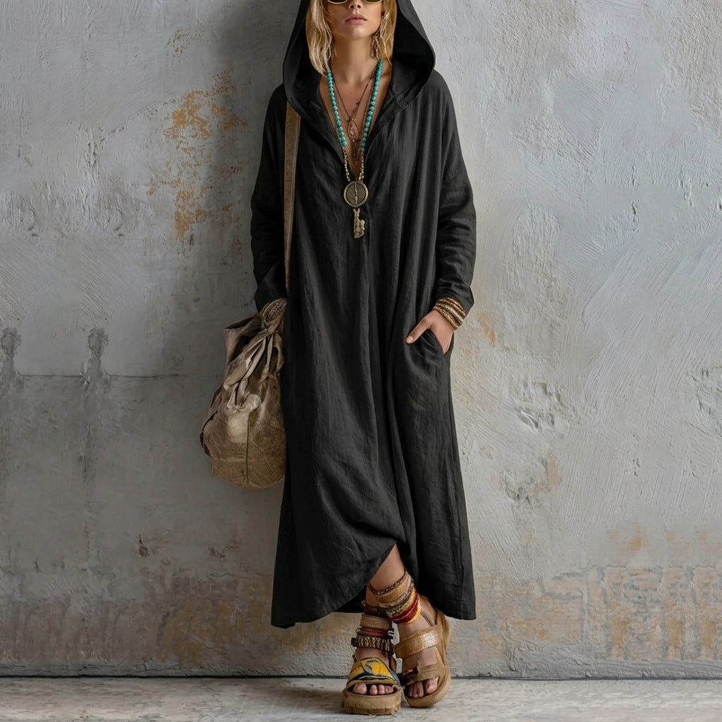 Autumn New Hooded Linen Long Dress With Long Sleeves