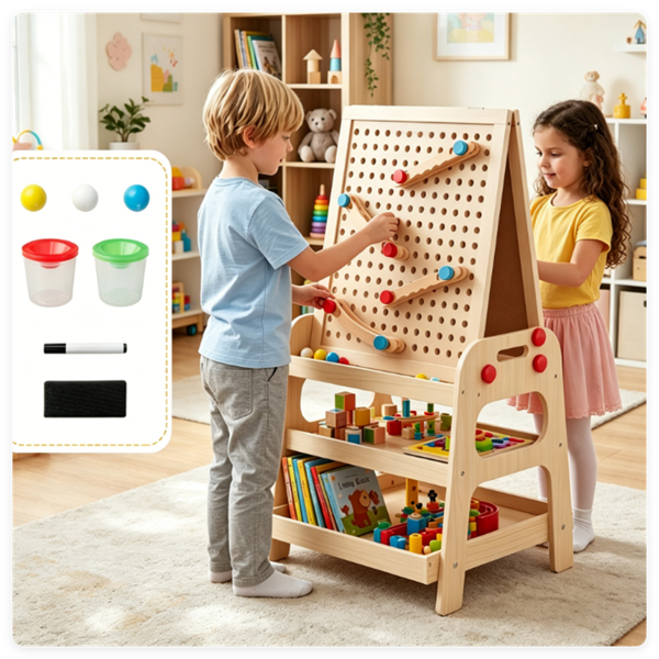 2-in-1 Wooden Kids Art Easel With Marble Run, Magnetic Whiteboard Standing Easel With Storage Shelves & Accessories For Kids 3-