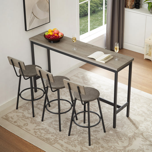 Long Bar Table With 3 Upholstered PU Bar Stools, Industrial Bar Table And Chairs For Kitchen, Breakfast Room, Living Room, Banquet Hall, In Rustic Gray And Black