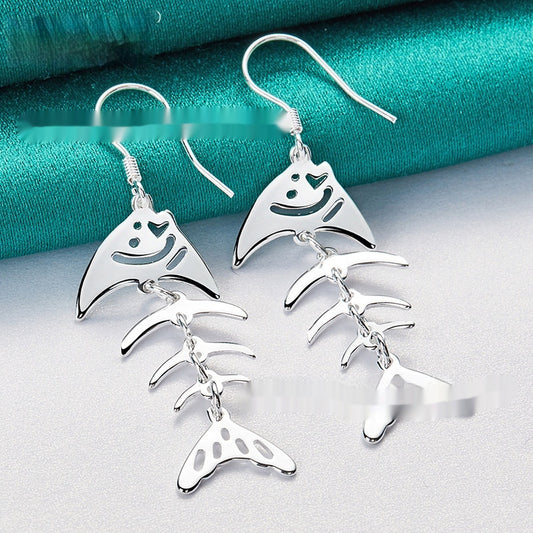 Silver Jewelry Fish Bone Hollow Earrings Womens Accessories