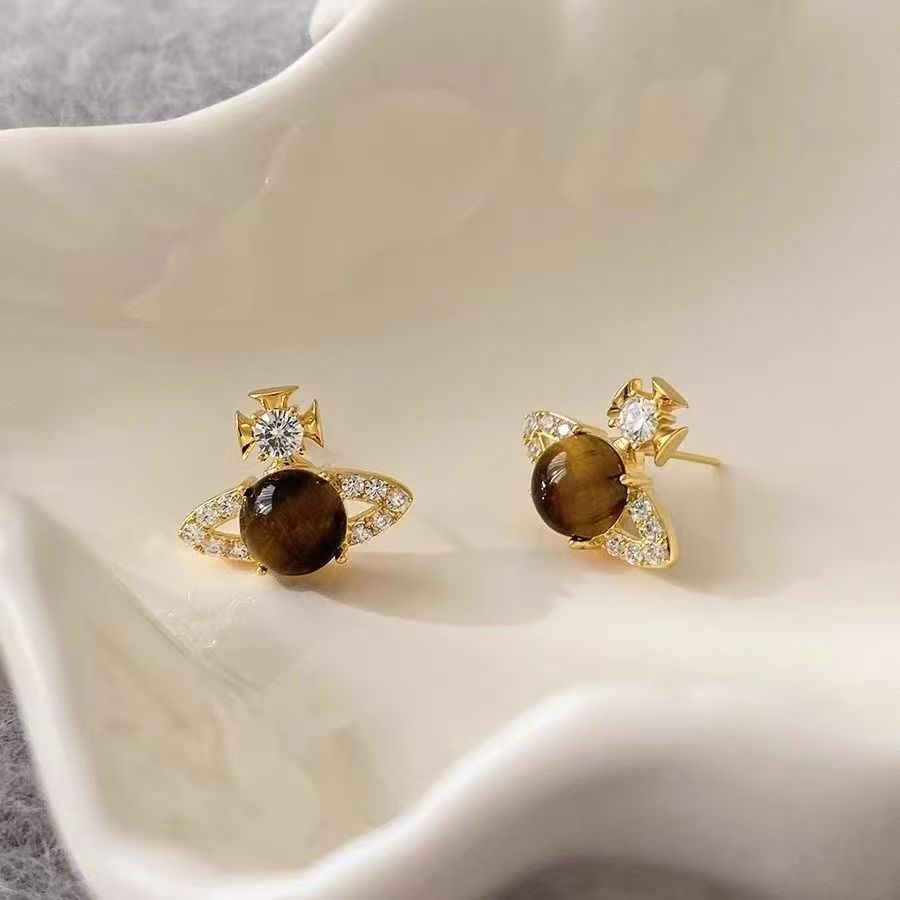 2026 New Hot Sale Saturn Stud Earrings For Women, Unique Fashion Tiger Eye Stone Earrings Niche Designer Luxury Ear Jewelry