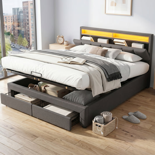 Upholstered Bed With LED Lighting,Hydraulic Storage Bed With Bed Box,Drawers And Storage Compartments,Stowable Headboard Made Of Foam,Double Bed Made Of Steel Frame,Linen,180x200cm,Grey