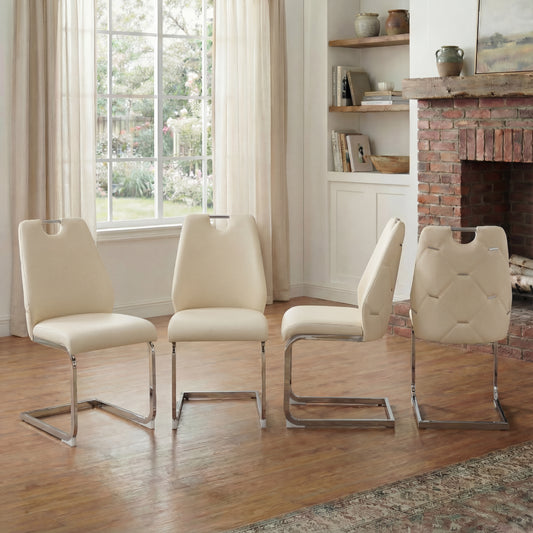 Dining Chairs Set Of 4, Off-White Faux Leather Kitchen Chairs With Gold Mesh Texture, Silver Back Ring And Chrome Pull Handle, High Back Upholstered Dining Room Chair  Off-White, Set Of 4