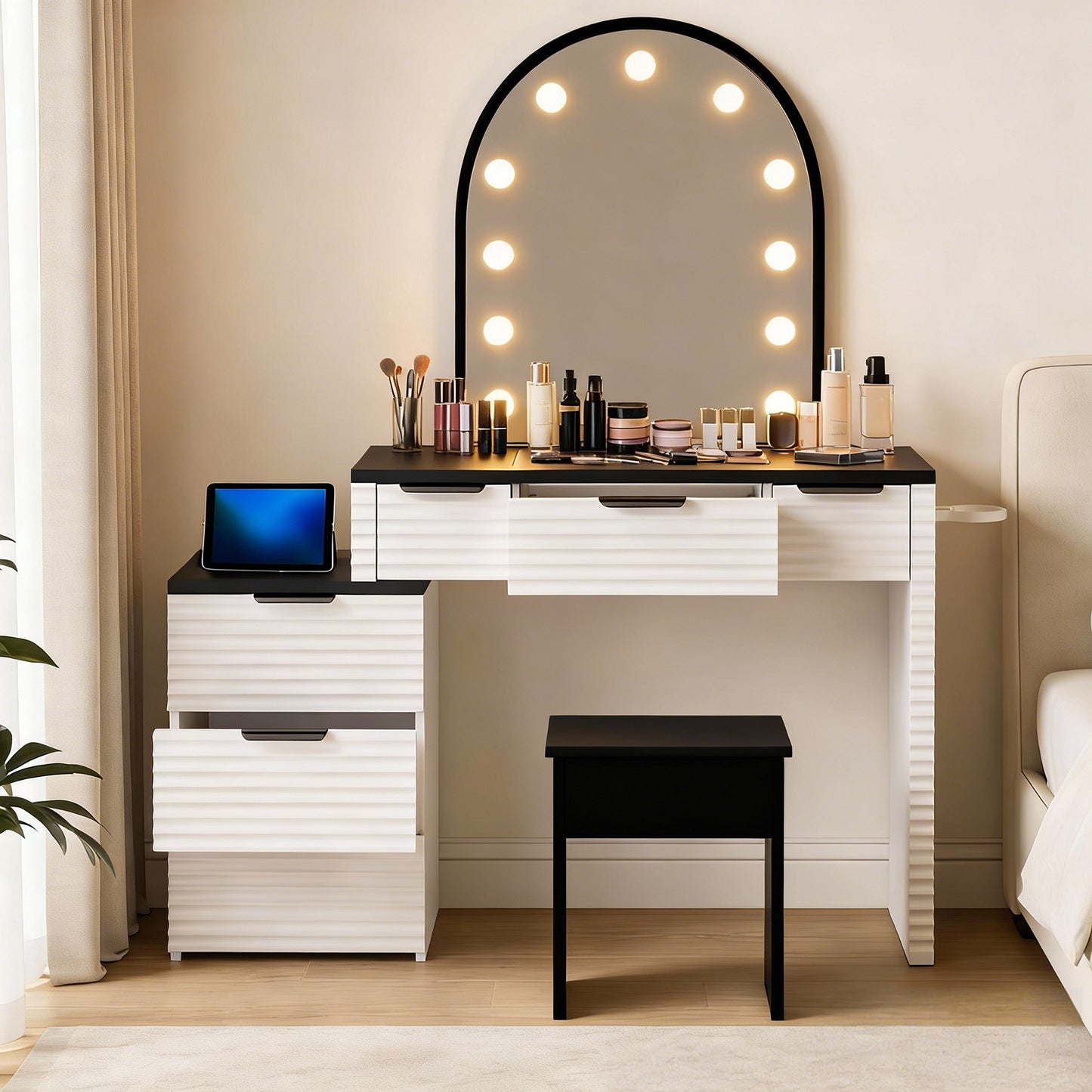 Modern Vanity Desk Chair Set With Mirror Light Fashionable 3 Lighting Modes Adjustable Makeup Table With Glass Top Power Outlet And 6 Drawers For Home Bedroom Salon