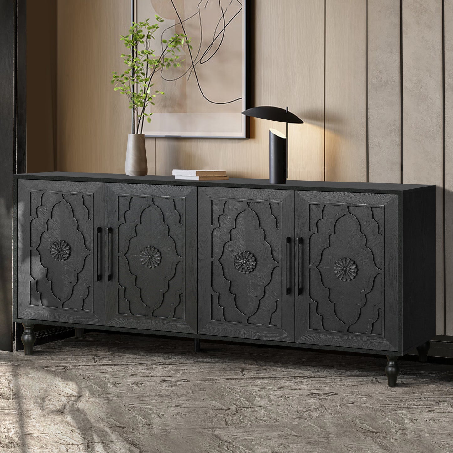 Carved Flower Door Large Storage Cabinet With Metal Handle Suitable For Living Room, Kitchen, Entryway BLACK