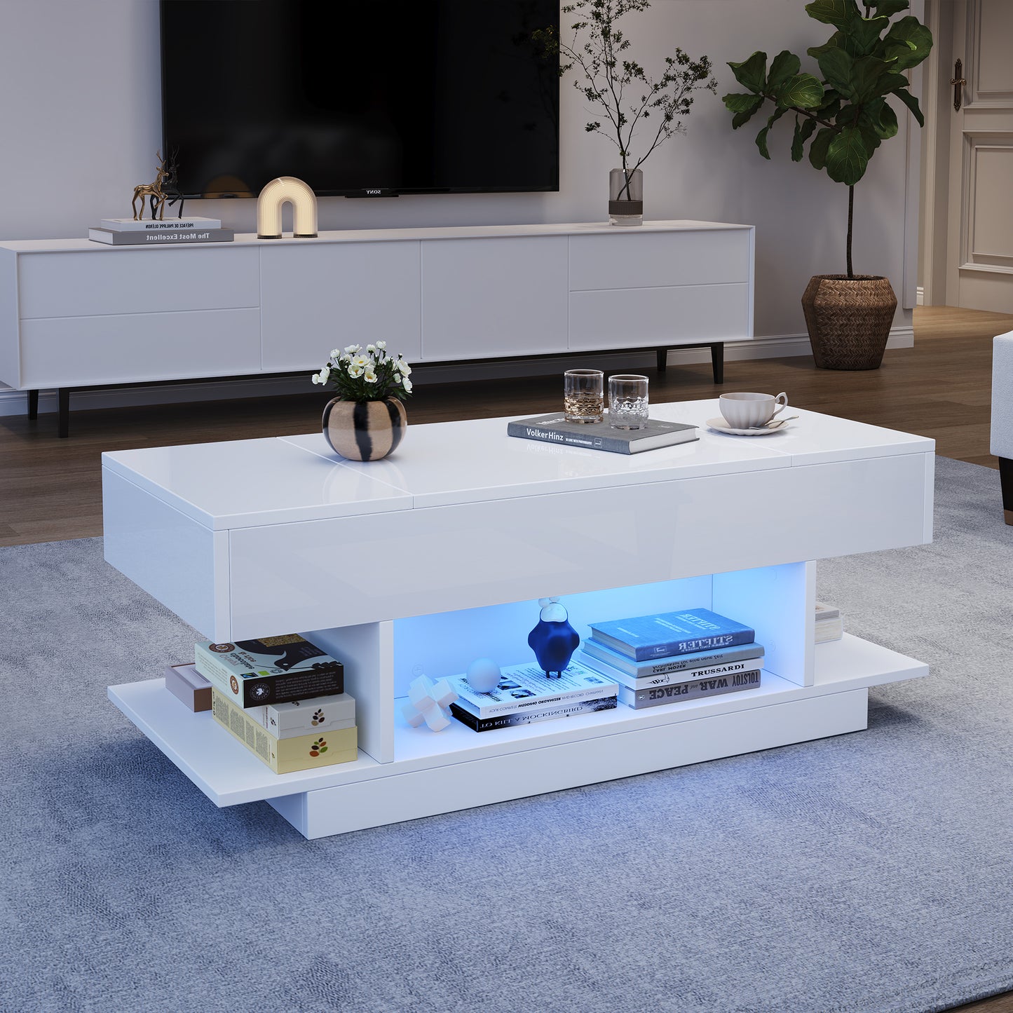98x45x40cm Lift Coffee Table With Lift Table Top,Height Adjustable Sofa Table,Coffee Table With 2 Folding Cabinets,Living Room Table With Semi-Open Storage,High Gloss Tea Table With LED,White
