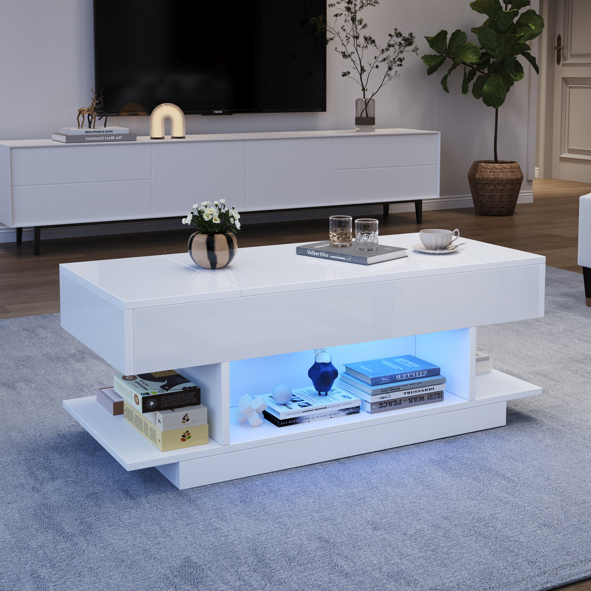 98x45x40cm Lift Coffee Table With Lift Table Top,Height Adjustable Sofa Table,Coffee Table With 2 Folding Cabinets,Living Room Table With Semi-Open Storage,High Gloss Tea Table With LED,White