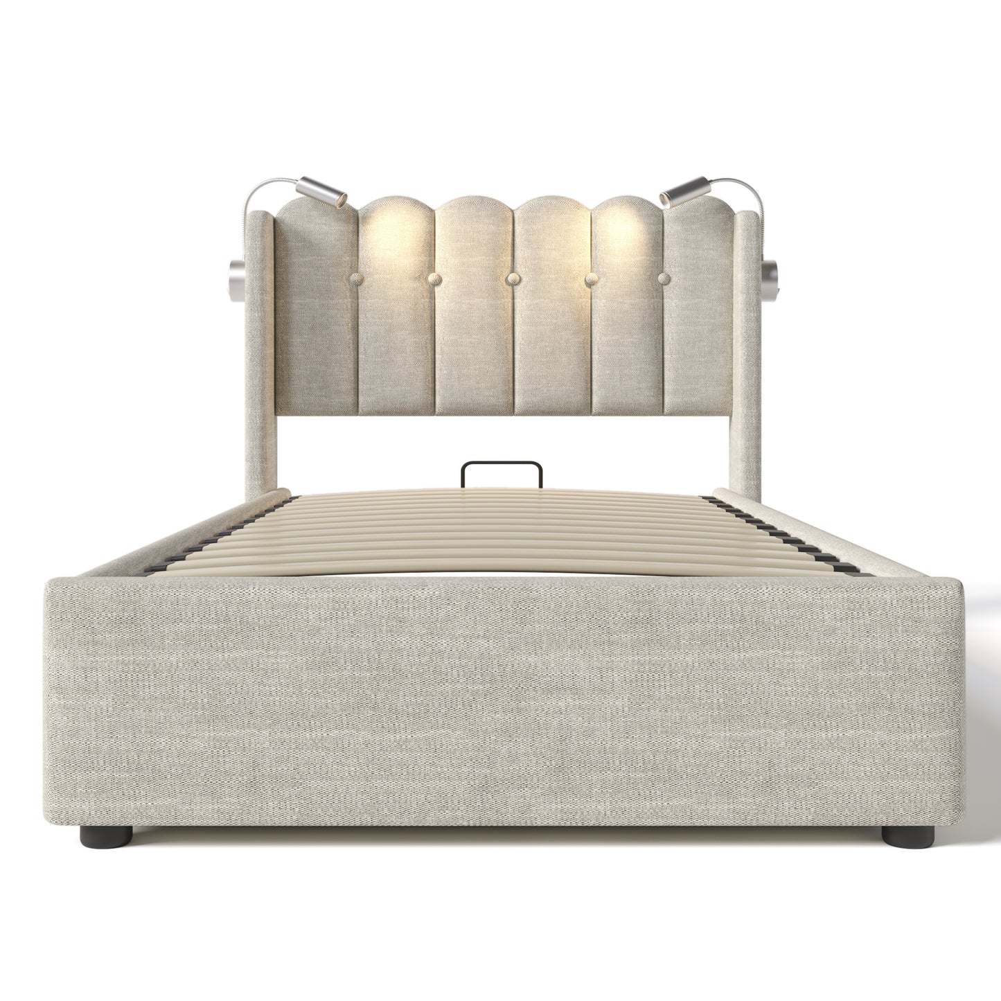 Upholstered Bed Single Bed Reading Light With Charging Function Head Part Storage Bed Frame Linen Material Youth Bed 90x200 With Slate Grate,Of Course Without Mattress