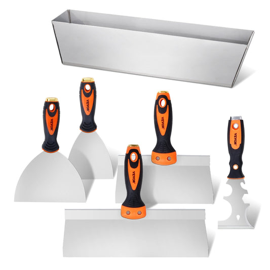 Drywall Knife Set, 6 PCS Drywall Tools Includes 3in Painter Scraper, Two Putty Knives,  Two Taping Knives And 12in Mud Pan, Stainless Steel Spackle Tool, Drywall Finishing Tools For Home