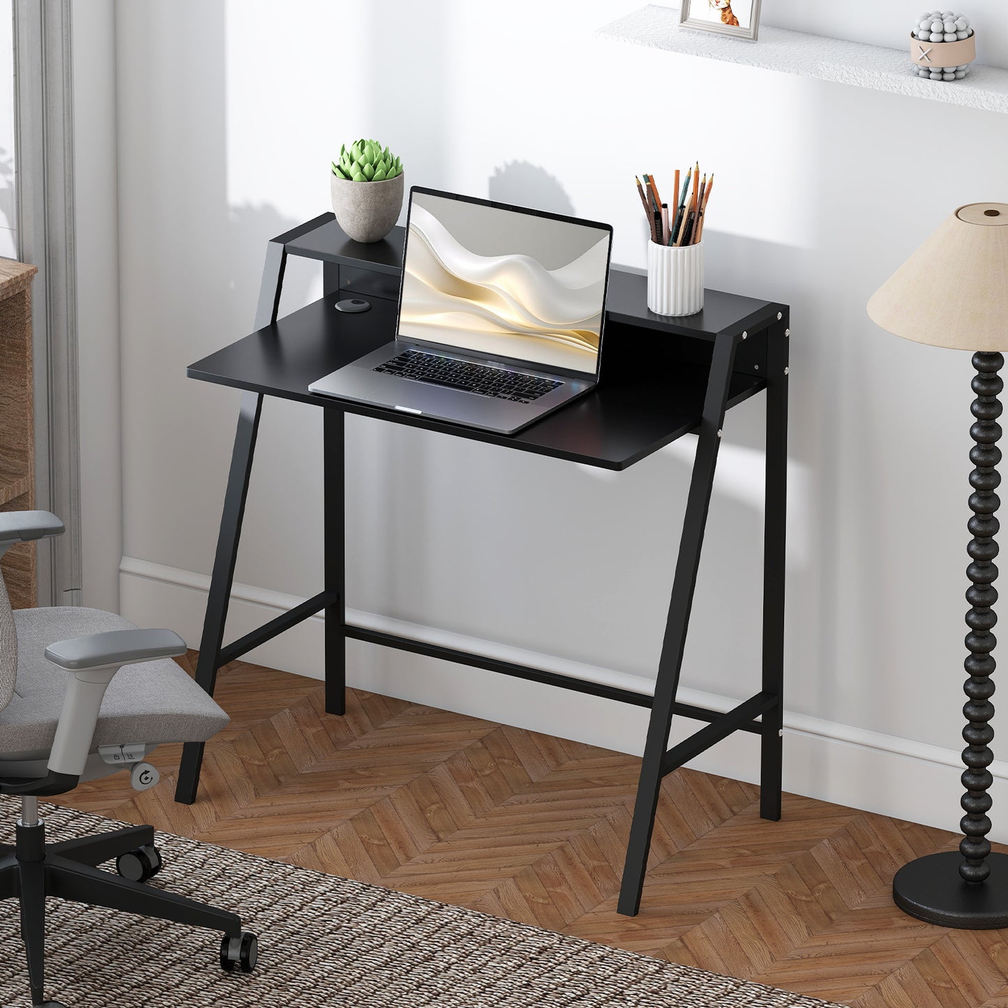 Schreibtisch, Computertisch Mit Ablage Und Kabel Management, Moderner Schreibtisch Mit Metallgestell Für Arbeitszimmer, Schlafzimmer, Home Office, 84 X 45 X 85 Cm, Schwarz