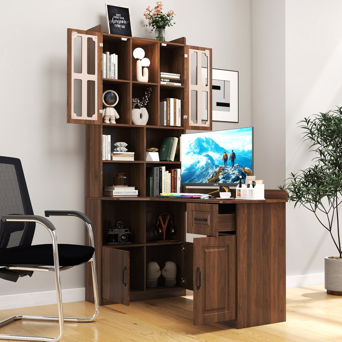 L-Shaped Corner Computer Desk  For Home Office Or Study Desk, Study Modern Style Table With Drawers, Bookshelf & Hutch, 2-in-1 L-Shaped Design, Large Working Space