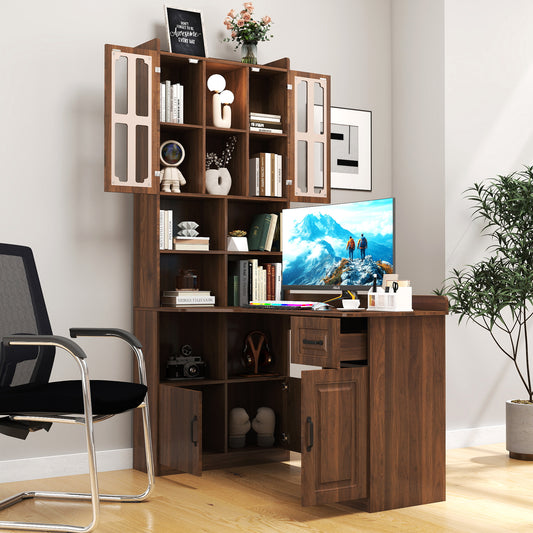 L-Shaped Corner Computer Desk  For Home Office Or Study Desk, Study Modern Style Table With Drawers, Bookshelf & Hutch, 2-in-1 L-Shaped Design, Large Working Space