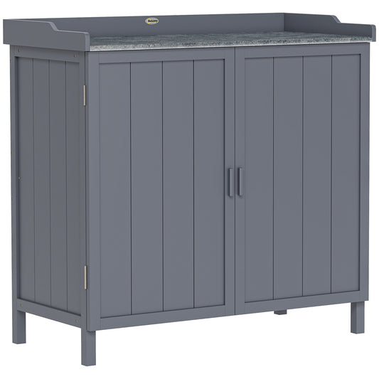Wood Garden Storage Cabinet, Outdoor Tool Shed, Potting Bench Table With Galvanized Top And Two Shelves For Yard Tools Or Pool Accessories, Grey