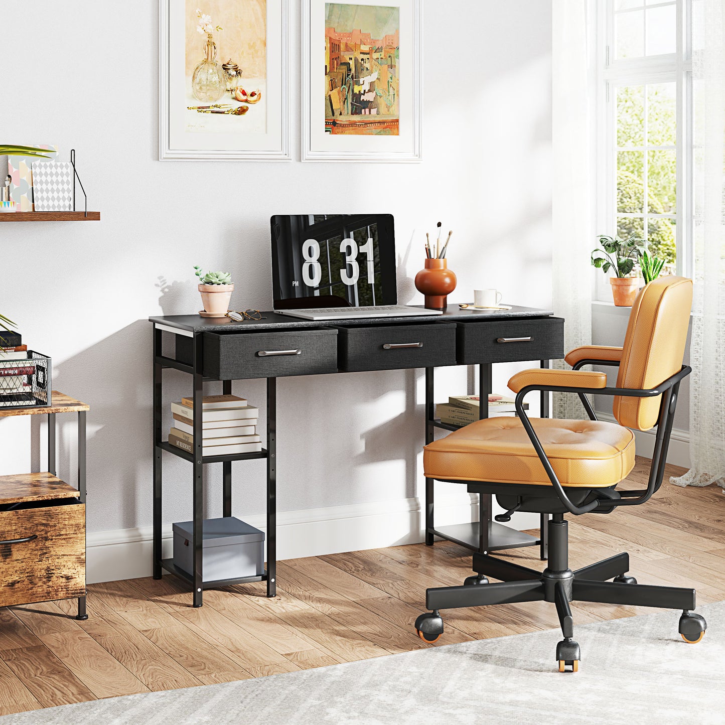 47" Small Computer Desk, Writing Desk With Fabric Drawers, Home Office Desk With Adjustable Shelves, Black