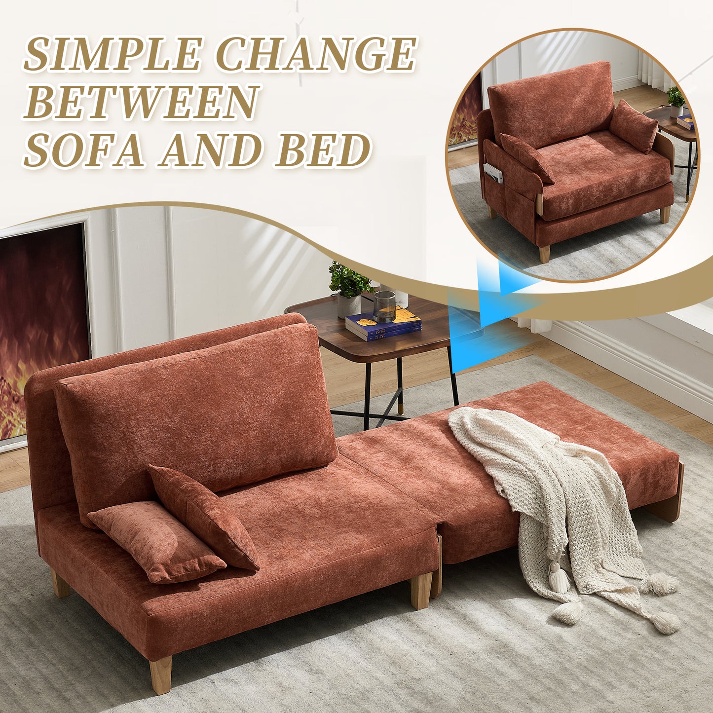 Foldable Sofa Bed Recliner, 3-in-1 Convertible Sleeper, Mid-century Modern Decor, Suitable For Small Spaces, With Three Pillows, Can Be Placed In The Bedroom Study Room Guest