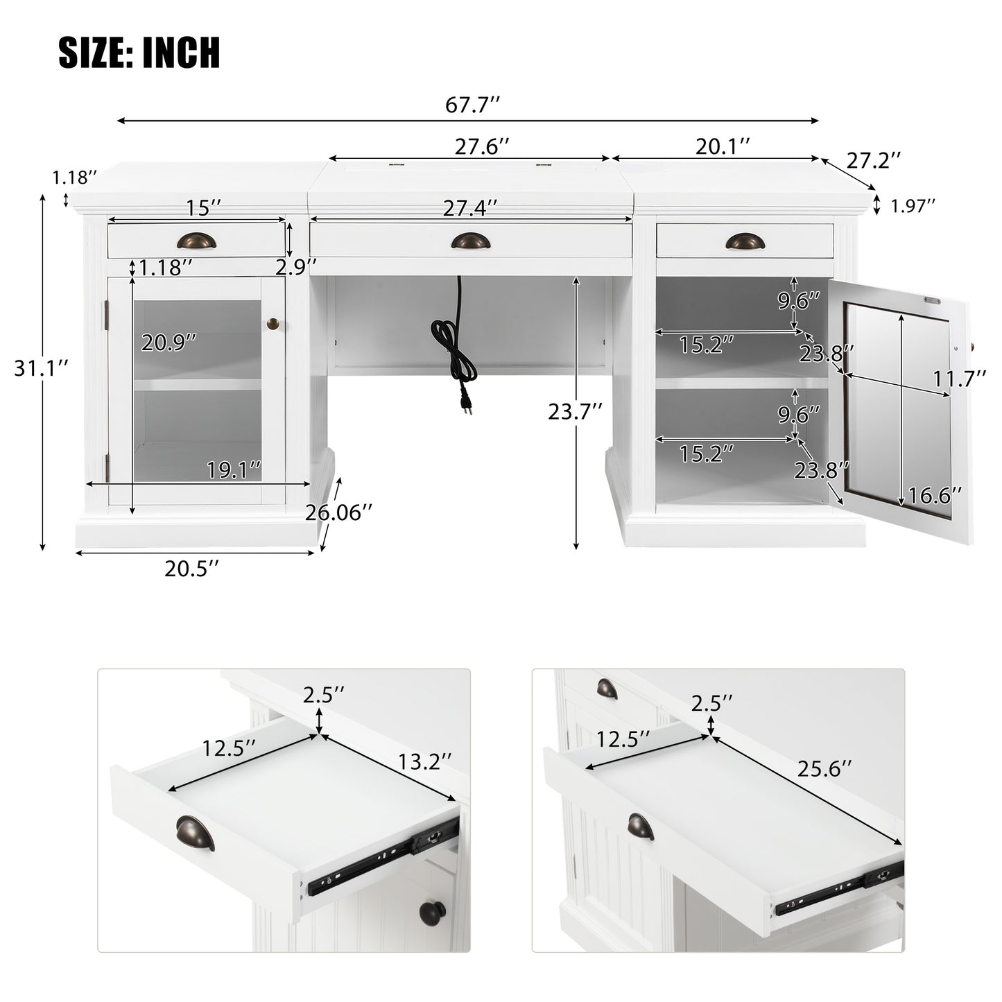 67 Modern Executive Desk,Computer Desk With 2 Glass Doors Storage Cabinet And 3 Drawers, Rectangle Home Office Desk  ,Reading Desk,Writing Table,Workstation For Home Office,Living Room,Study,White