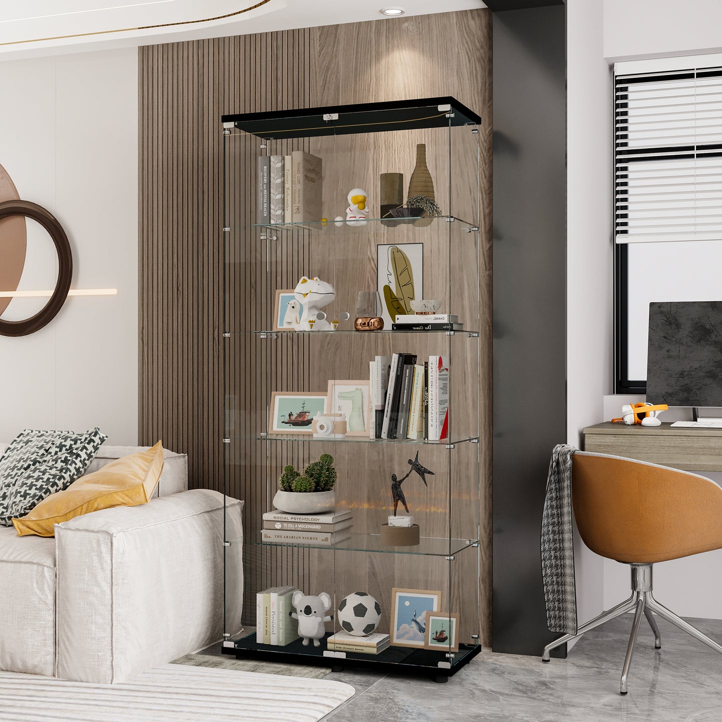 Glass Display Cabinet With 5 Shelves Double Door, Curio Cabinets For Living Room, Bedroom, Office, Black Floor Standing Glass Bookshelf, Quick Installation