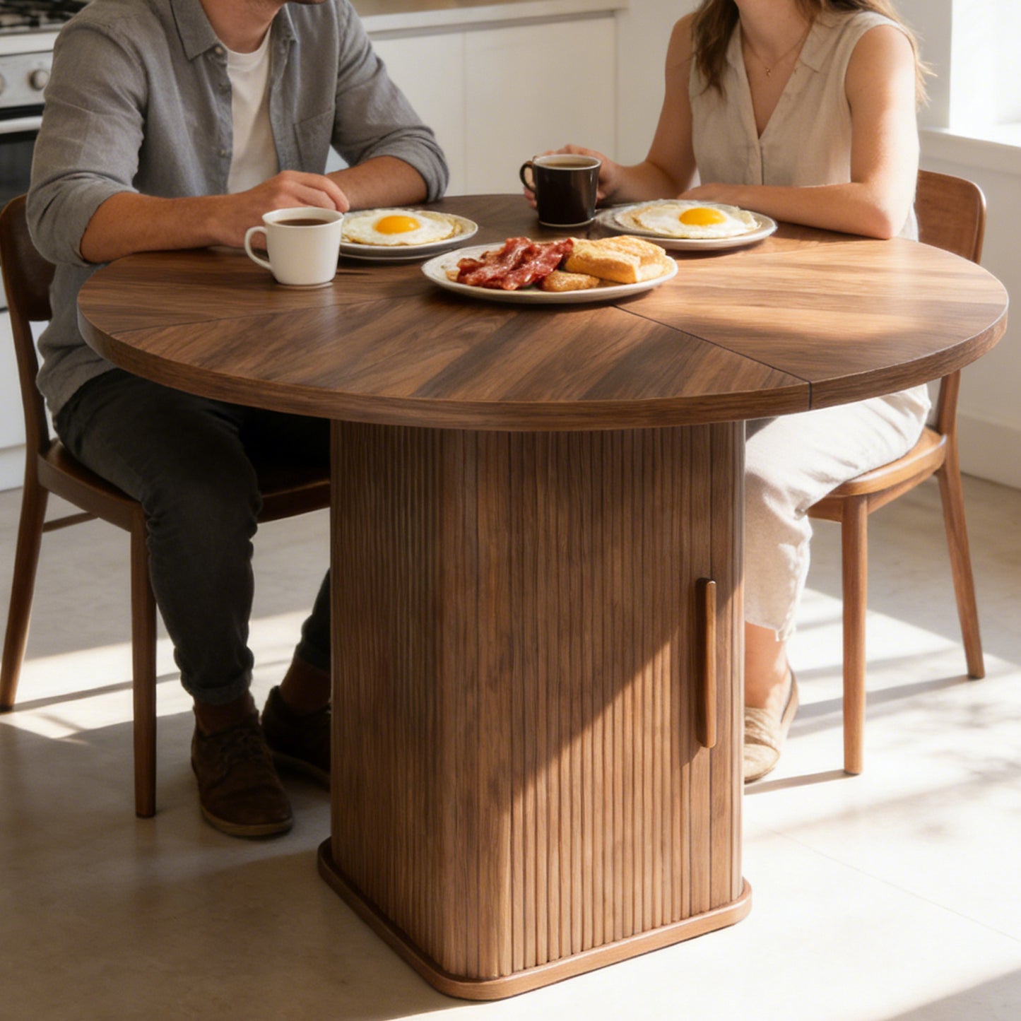 47in Dining Table Exquisite Round Table With 2 Storage Shelf Wood Slide Door And Wooden Base For Dining Room Home Kitchen Canteen