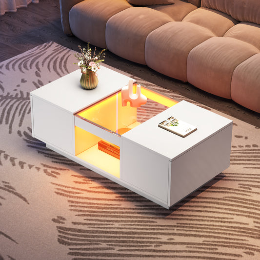 White Coffee Table 100x50x35.5 Cm -With Glass Cladding, LED Lighting, App Control, 2 Drawers And 1 Open Compartment
