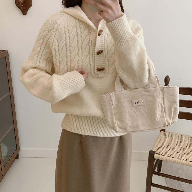 Korean-style Horn-Button Cable-Knit Sweater For Women