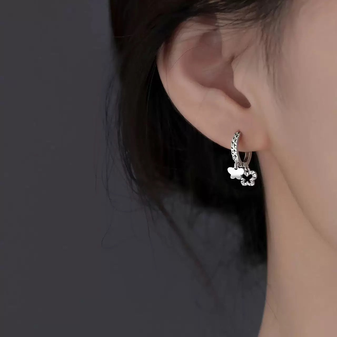 1 Pair 999 Sterling Silver Faceted Butterfly & Clover Hoop Earrings, Minimalist & Elegant, Perfect For Daily, Dating & Gifting, Ideal Valentine's Gift