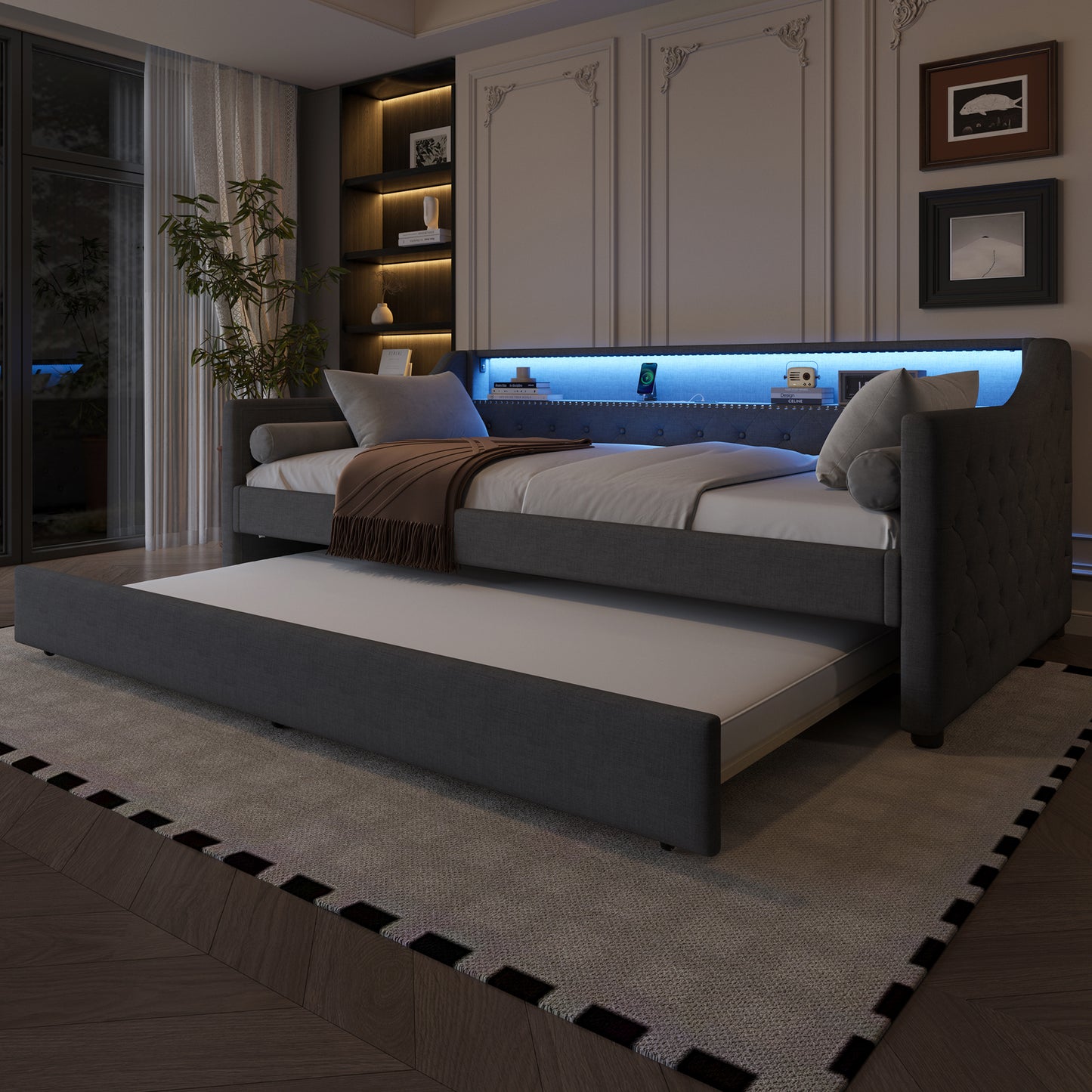 Daybed, 90 X 200cm, Sofa Bed, Daybed With Slatted Base  Without Mattress , With LED Lights, Bed With Pull-out Bed, USB Charging Socket, Linen, Grey
