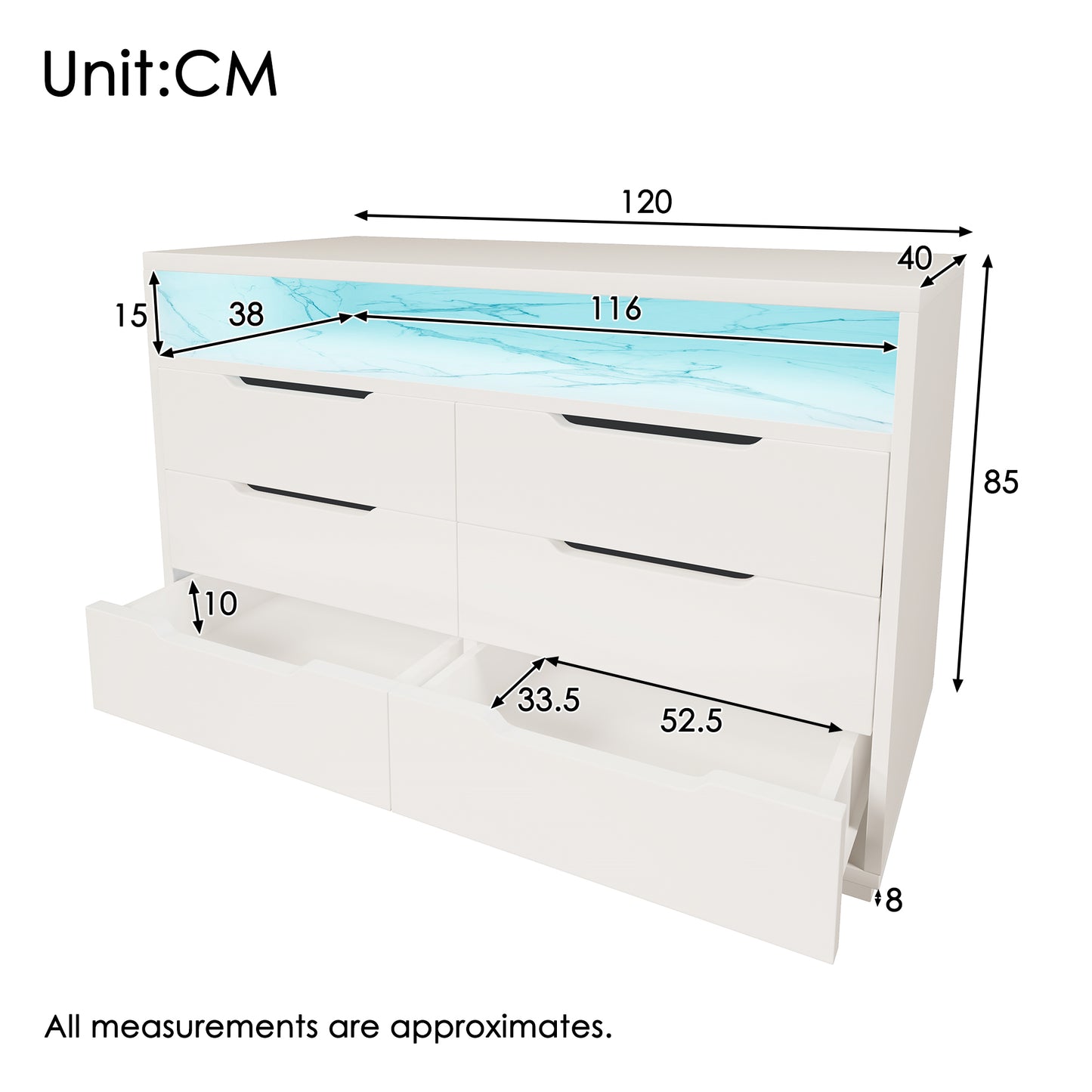 Sideboard, Chest Of Drawers With LED Lighting And 6 Drawers, Storage Compartment With Marble Grain, Modern Wardrobe For Living Room And Bedroom, 120x40x85cm, White