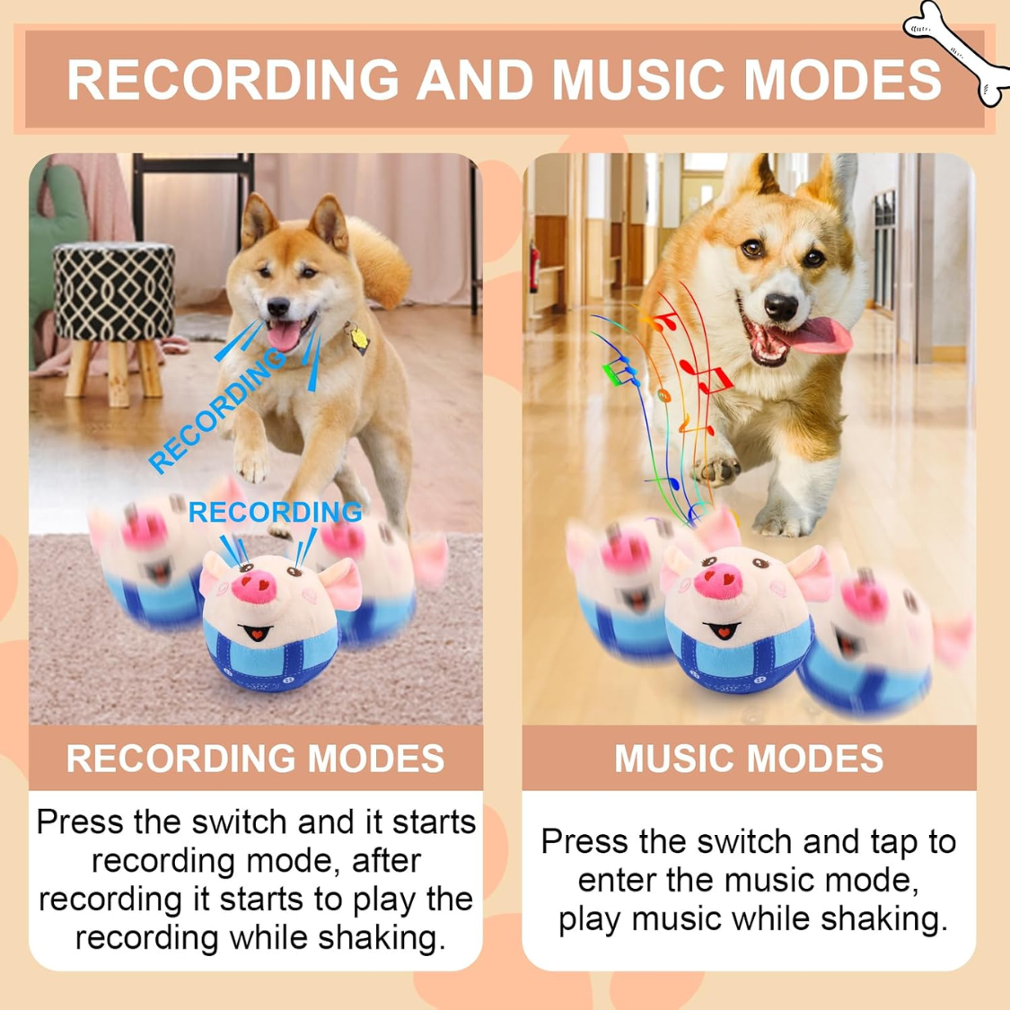 Interactive Dog Toys Pig, Jumping Squeaky Dog Toys With Recording And Music Modes, Rechargeable Moving Dog Chew Toys