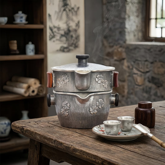 925 Sterling Silver Elegant  Floral-Engraved Cooking Pot with Wooden Handles-Fine Tea Dispenser - Handicraft