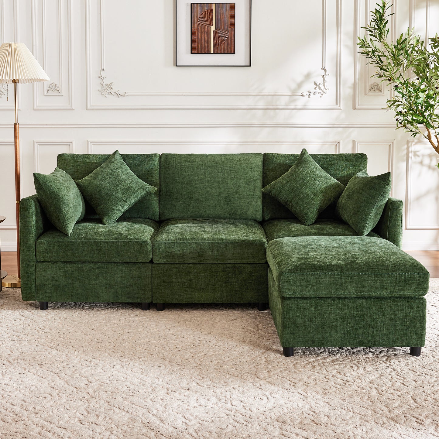 L-shaped Corner Sofa, Convertible To 3-seater, Modular Design, With Movable Footstool And 4 Chenille Cushions, Ideal For Living Room, Apartment And Office, Green, With Video