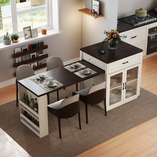83.1 Extendable Kitchen Island With Slide Out Table And Storage Racks For 2-6 Person,Kitchen Island With Tempered Glass Doors,Walnut Woodgrain Dining Table,Power Outlet,Bar,Prep Station Cream White