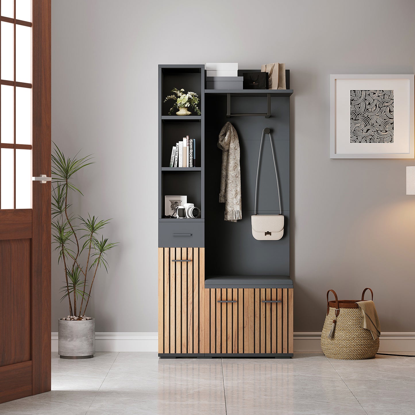 N625P313944945Z 80x35x175cm Compact Coat Racks,Home, Storage Cabinet With 2 Coat Hooks,Wardrobe Set Entrance Cabinet, Coat Rack With Shoe Bench,Upholstered Wardrobe,Black  Wood Color
