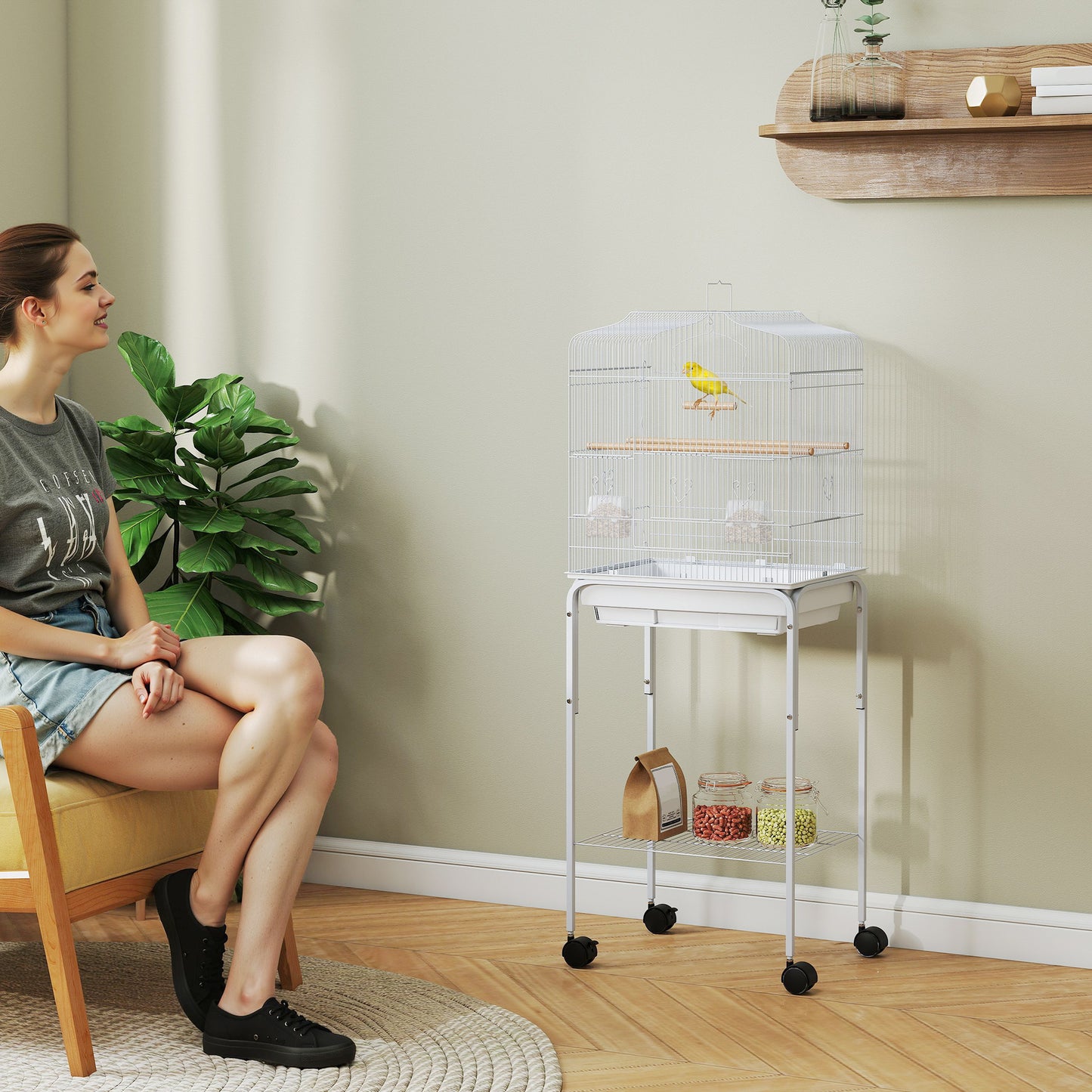 PawHut Bird Cage Budgie Cages For Finch Canary Parakeet With Stand Wheels Slide-out Tray Accessories Storage Shelf, White