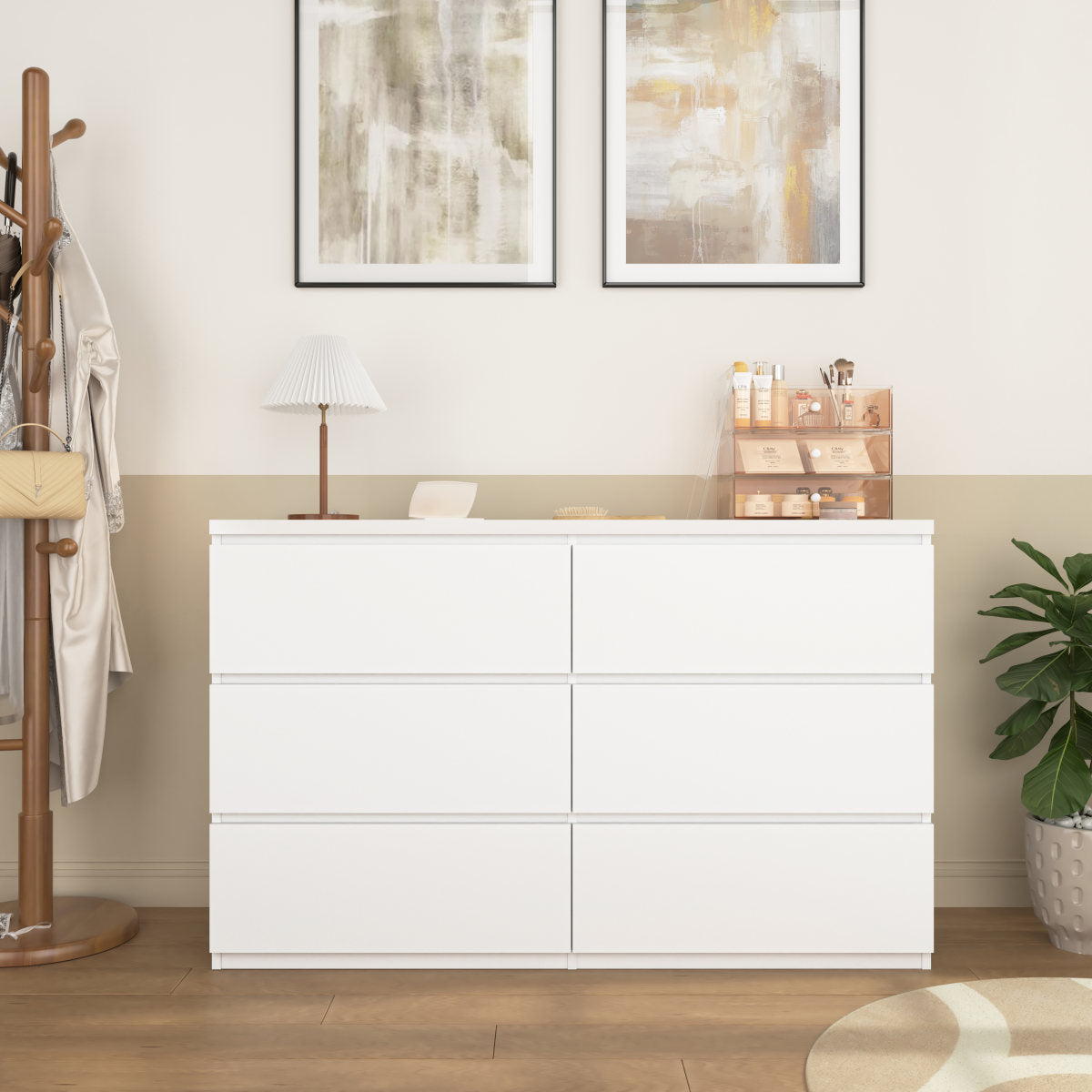 6 Drawer Storage Cabinet ,Dresser, Wood Storage Tower Clothes Organizer, Wide Chest Of 6 Drawers, Large Storage Space For Bedroom, Hallway, Entryway Living Room White
