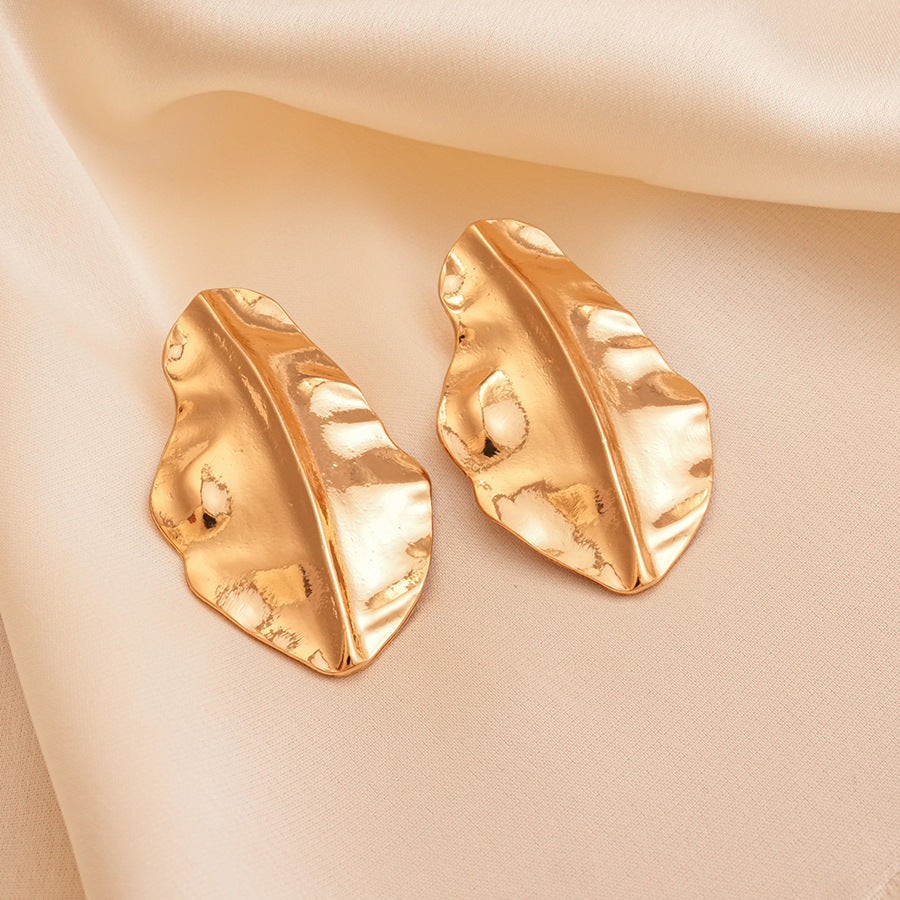 Oversized Pleated Leaf Earrings - Exaggerated Irregular Shape Studs, Statement Fashion Jewelry For Women