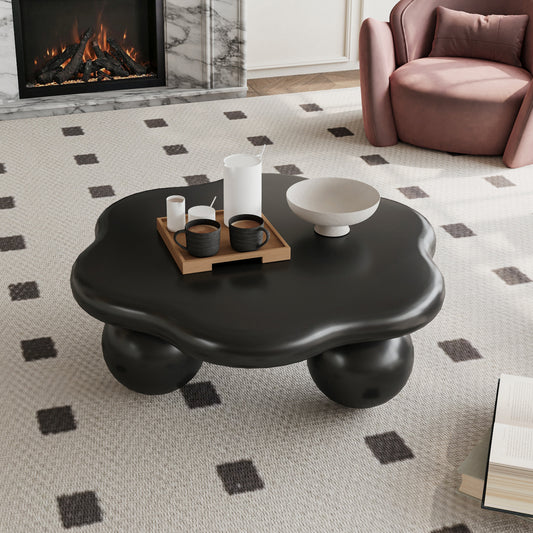 80cm Black Cloud Shaped Coffee Table, Petal-Shaped Modern Minimalist Coffee Table With Spherical Legs, Matte Black Kid & Pet Friendly Space Saving Living Room Table For Small Apartment, Matte Blac