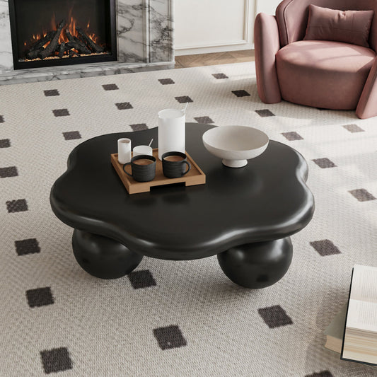 80cm Black Cloud Shaped Coffee Table, Petal-Shaped Modern Minimalist Coffee Table With Spherical Legs, Matte Black Kid & Pet Friendly Space Saving Living Room Table For Small Apartment, Matte Blac